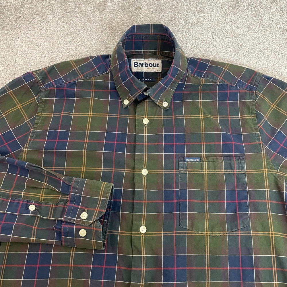 Barbour Mens Small Button Down Shirt  Tailored Fit Plaid Green Tartan Heritage